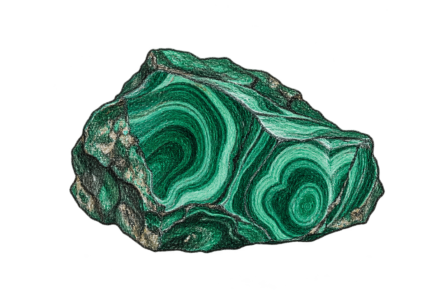 Crayon sketch of a malachite stone with green concentric bands